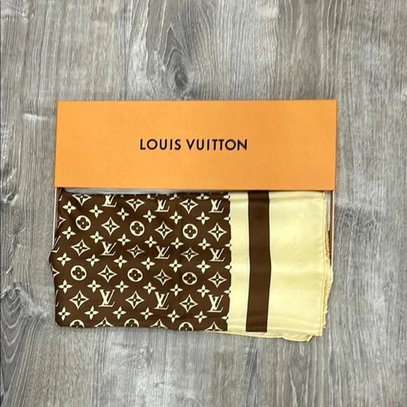 Louis Vuitton Monogram Brown and Cream Silk Scarf - Picture 2 of 10